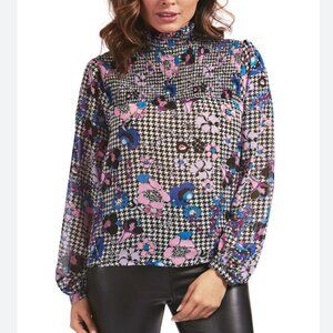 Guess | Floral Fantasy Houndstooth Print High Neck Blouse Pink Blue | Medium